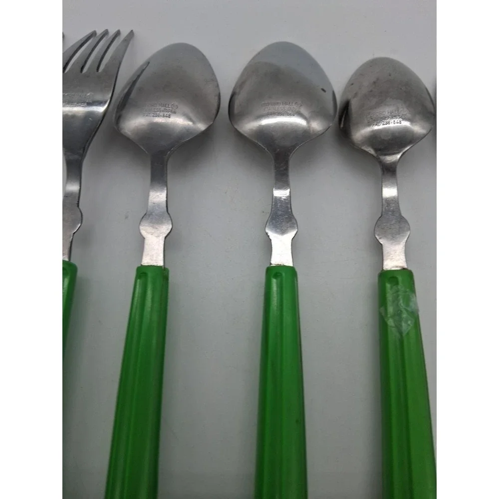 6 Piece Vintage Oxford Hall Oval Soup Spoon & Fork Lime Green Japan